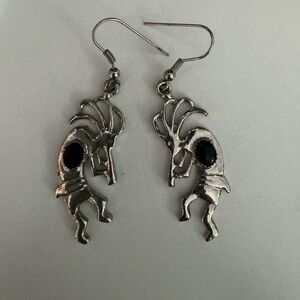 Vintage Southwestern Kokopelli Flute Silver and Onyx Tribal Fish Hook Earrings